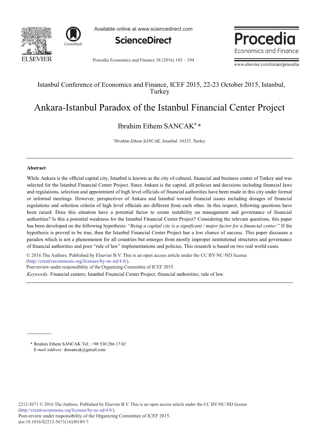 Ankara-Istanbul Paradox of the Istanbul Financial Center Project