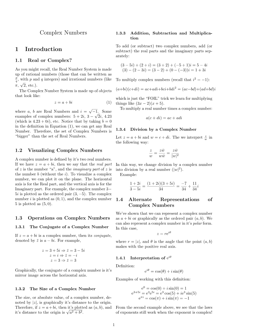 Complex Numbers 1 Introduction