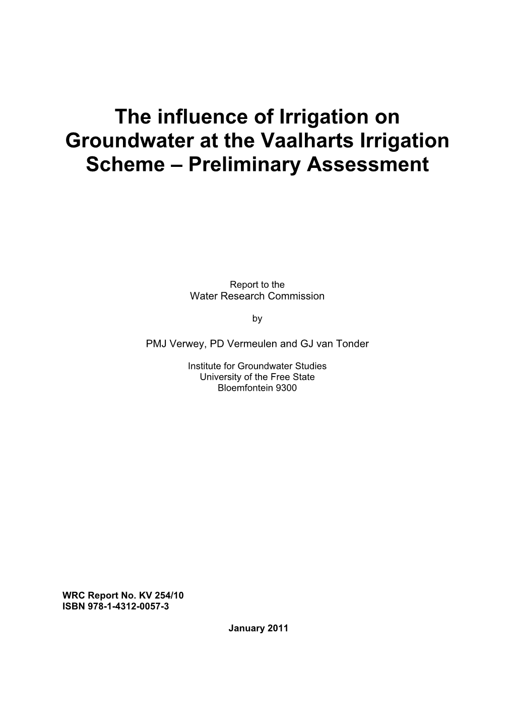 The Influence of Irrigation on Groundwater at the Vaalharts Irrigation Scheme – Preliminary Assessment