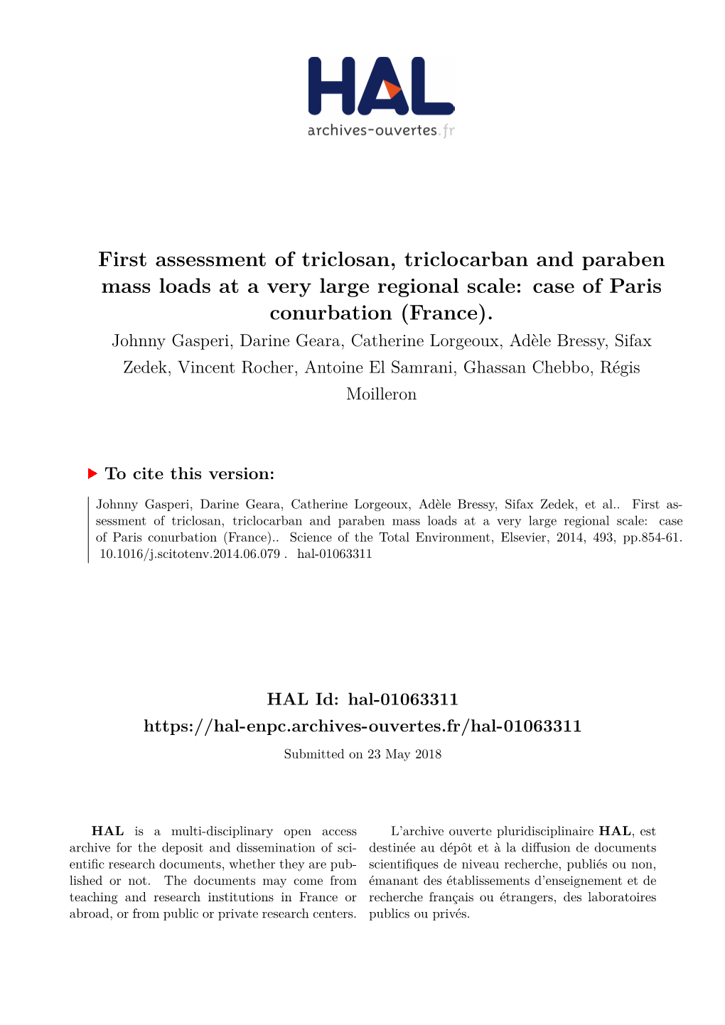 First Assessment of Triclosan, Triclocarban and Paraben Mass Loads at a Very Large Regional Scale: Case of Paris Conurbation (France)