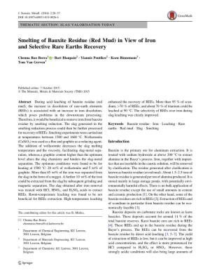 Smelting of Bauxite Residue (Red Mud) in View of Iron and Selective Rare Earths Recovery