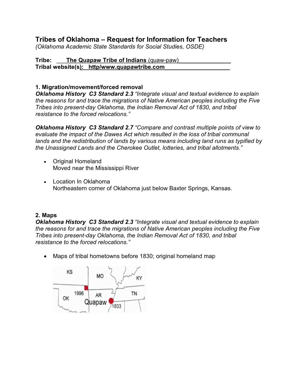 Tribes of Oklahoma – Request for Information for Teachers (Oklahoma Academic State Standards for Social Studies, OSDE)