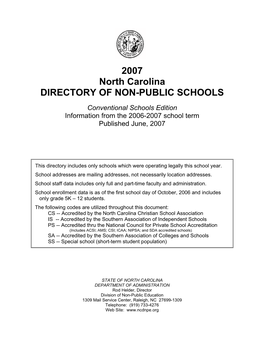 2007 North Carolina DIRECTORY of NON-PUBLIC SCHOOLS