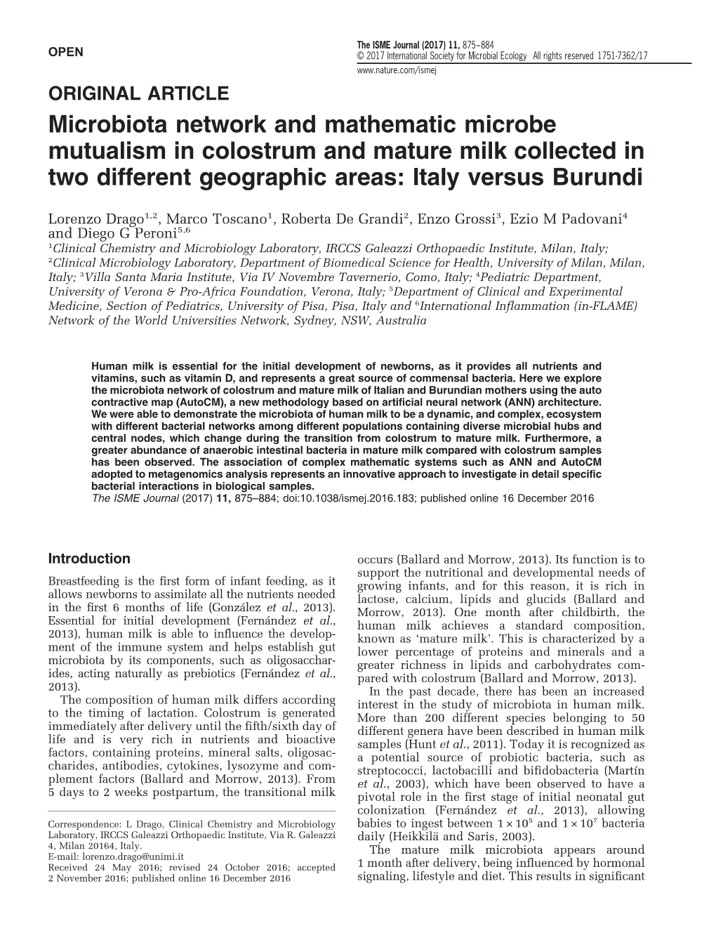 Microbiota Network and Mathematic Microbe Mutualism in Colostrum and Mature Milk Collected in Two Different Geographic Areas: Italy Versus Burundi