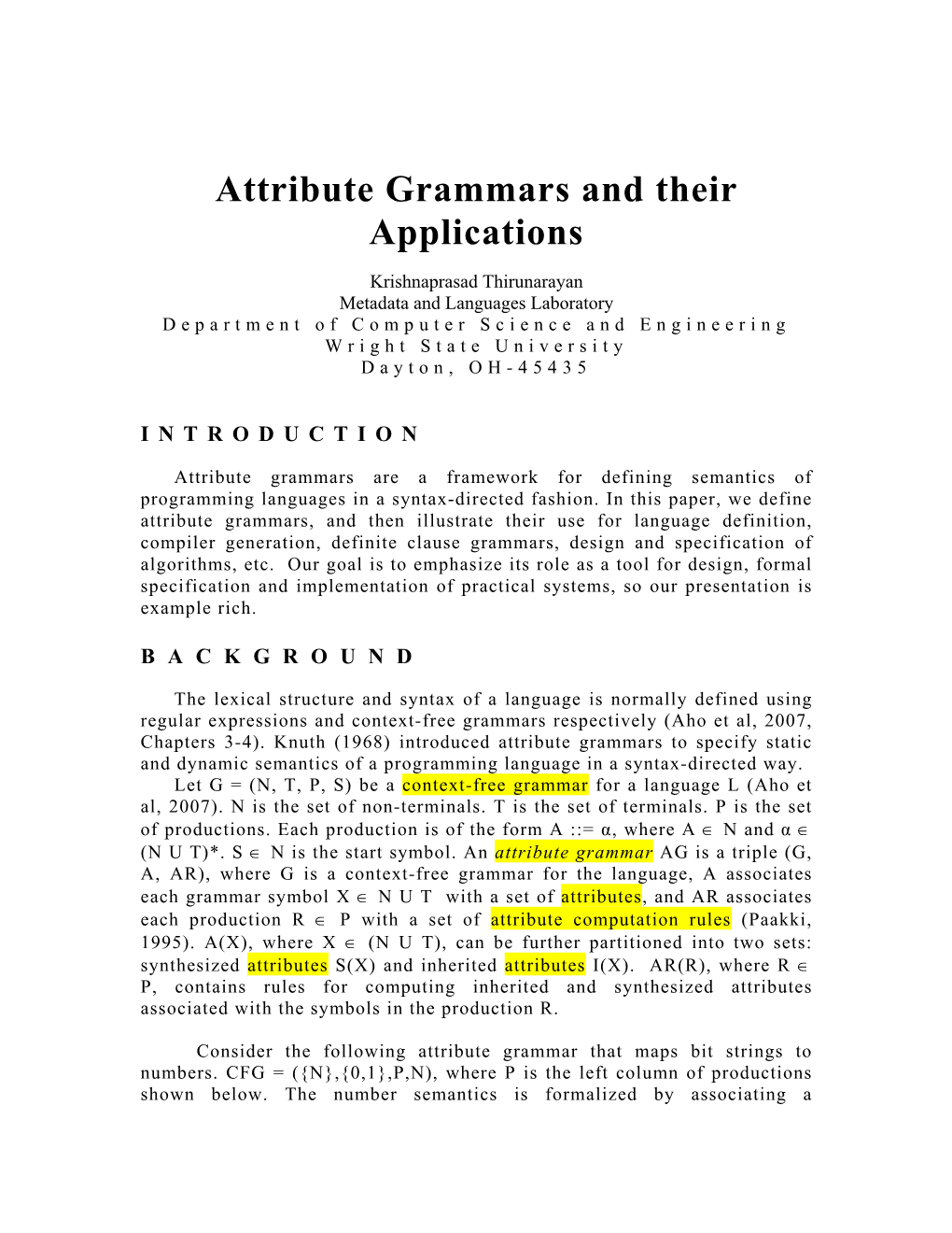 Attribute Grammars and Their Applications