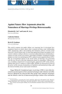 Against Nature: How Arguments About the Naturalness of Marriage Privilege Heterosexuality