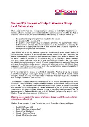 Section 355 Reviews of Output: Wireless Group Local FM Services