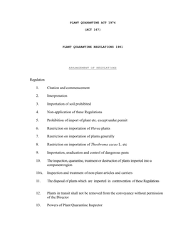 Regulation 1. Citation and Commencement 2. Interpretation 3. Importation of Soil Prohibited 4. Non-Application of These Regulati