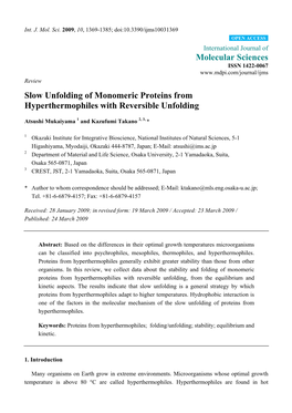 Slow Unfolding of Monomeric Proteins from Hyperthermophiles with Reversible Unfolding