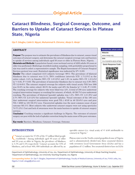 Cataract Blindness, Surgical Coverage, Outcome, and Barriers to Uptake of Cataract Services in Plateau State, Nigeria
