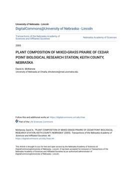 Plant Composition of Mixed-Grass Prairie of Cedar Point Biological Research Station, Keith County, Nebraska