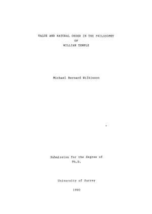 Value and Natural Order in the Philosophy of William Temple