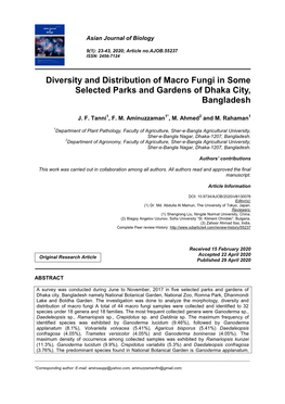 Diversity and Distribution of Macro Fungi in Some Selected Parks and Gardens of Dhaka City, Bangladesh