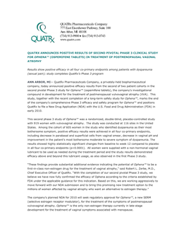 Quatrx Pharmaceuticals Company 777 East Eisenhower Parkway, Suite 100 Ann Arbor, MI 48108 (734) 913-9900 • Fax (734) 913-0743