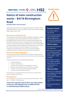Notice of Main Construction Works – B4118 Birmingham Road November 2020 |