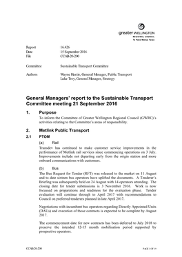 General Managers' Report to the Sustainable Transport Committee Meeting 21 September 2016 1