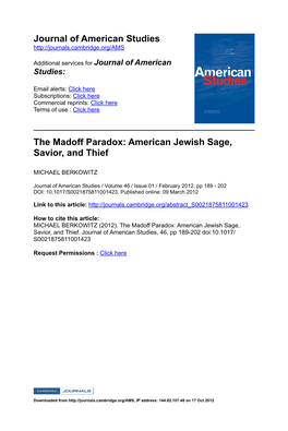 Journal of American Studies the Madoff Paradox: American Jewish