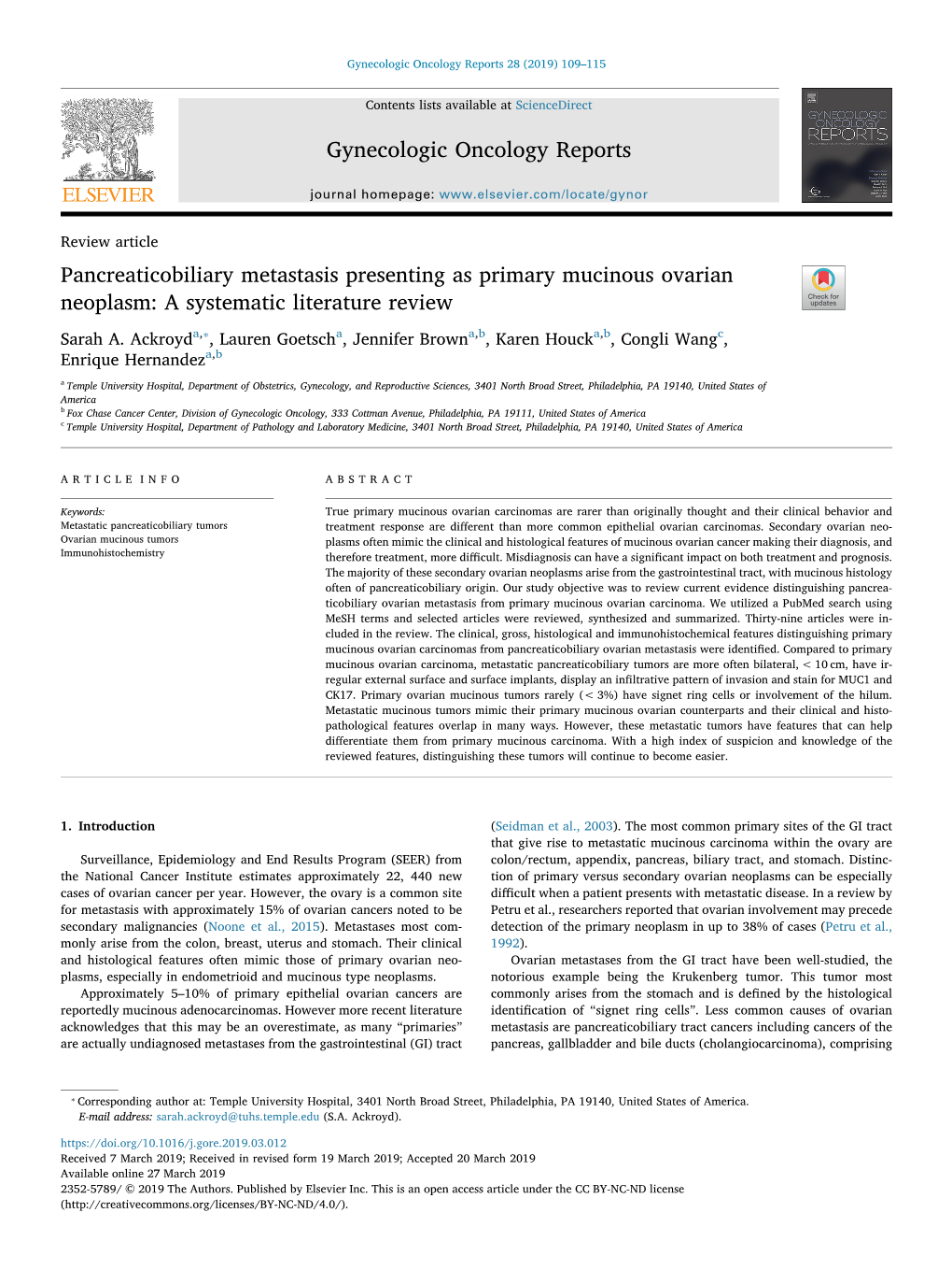 Pancreaticobiliary Metastasis Presenting As Primary Mucinous Ovarian Neoplasm: a Systematic Literature Review T ⁎ Sarah A