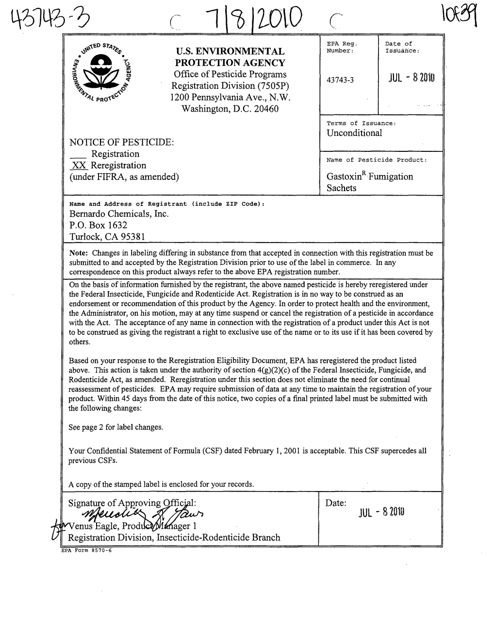 U.S. EPA, Pesticides, Label, GASTOXIN FUMIGATION SACHETS, 7/8/2010