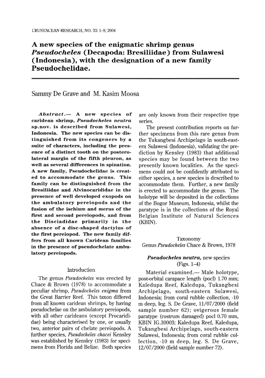 From Sulawesi (Indonesia), with the Designation of a New Family Pseudochelidae