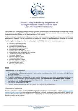 Coimbra Group Scholarship Programme for Young Professors and Researchers from Latin American Universities 2021