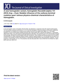 A New Hemoglobin Variant, Hemoglobin Nunobiki [Alpha 141 (HC3) Arg---Cys]. Notable Influence of the Carboxy-Terminal Cysteine U