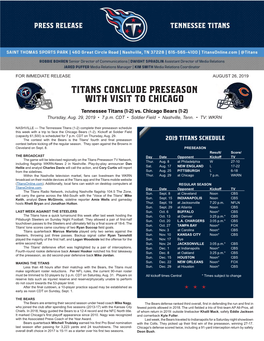 TITANS CONCLUDE PRESEASON with VISIT to CHICAGO Tennessee Titans (1-2) Vs