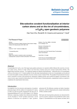 Site-Selective Covalent Functionalization at Interior Carbon Atoms and on the Rim of Circumtrindene, a C36H12 Open Geodesic Polyarene Hee Yeon Cho, Ronald B