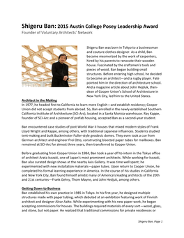 Shigeru Ban: 2015 Austin College Posey Leadership Award Founder of Voluntary Architects’ Network