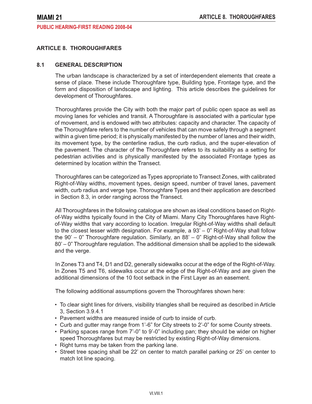 Article 8. Thoroughfares PUBLIC HEARING-FIRST READING 2008-04