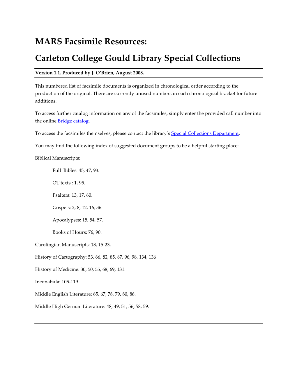 MARS Facsimile Resources: Carleton College Gould Library Special Collections