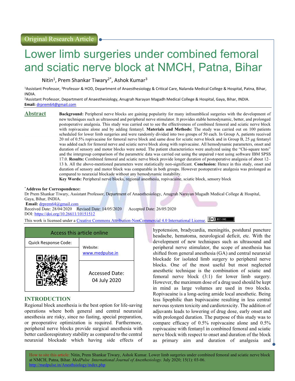 Lower Limb Surgeries Under Combined Femoral and Sciatic Nerve Block at NMCH, Patna, Bihar