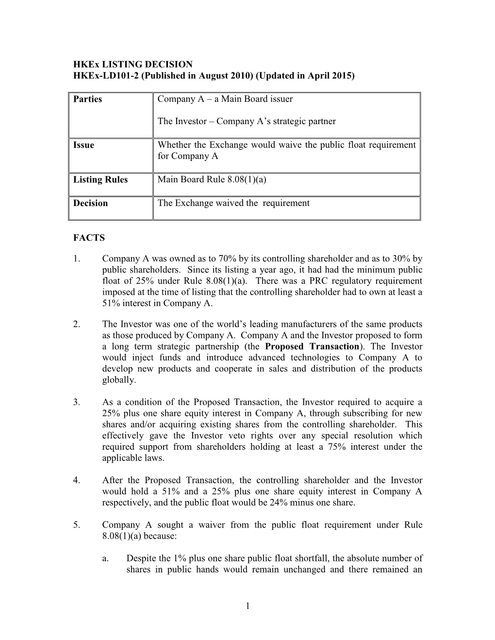 Hkex LISTING DECISION Hkex-LD101-2 (Published in August 2010) (Updated in April 2015)