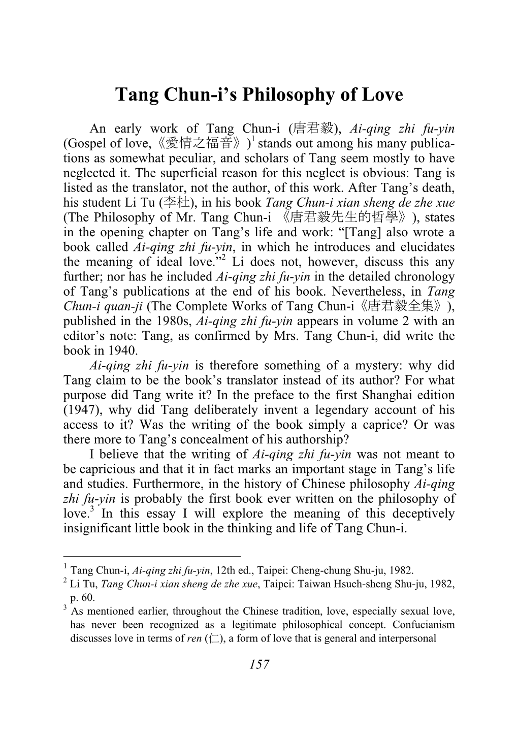 Tang Chun-I’S Philosophy of Love