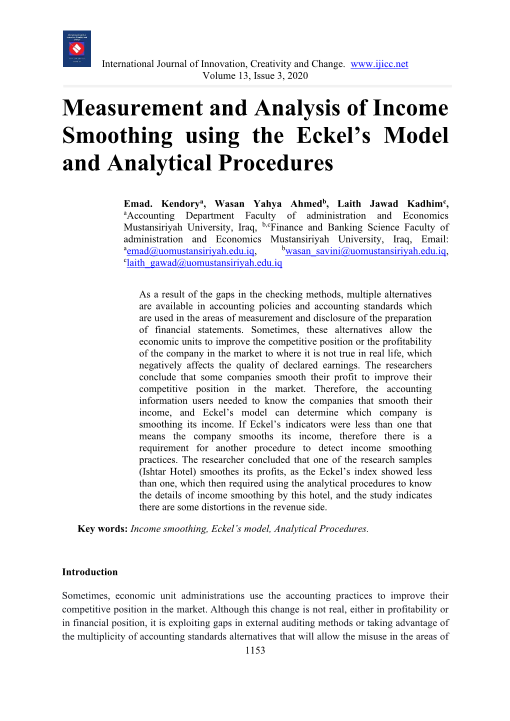 Measurement and Analysis of Income Smoothing Using the Eckel's Model