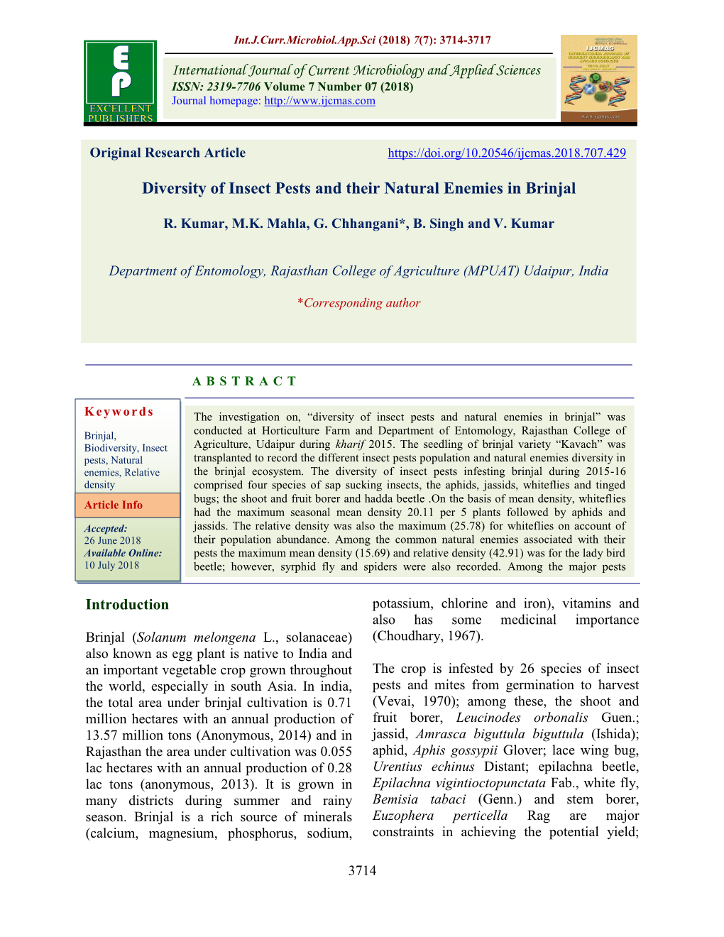 Diversity of Insect Pests and Their Natural Enemies in Brinjal