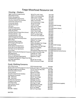 Fargo-Moorhead Resource List Housing - Shelters Aggie Lnvestments (Apartments) 902 15Th St