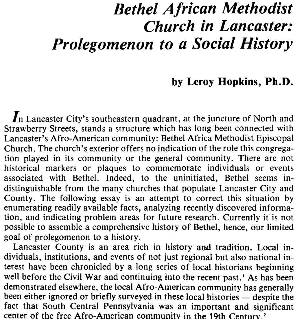 Bethel African Methodist Church in Lancaster: Prolegomenon to a Social History