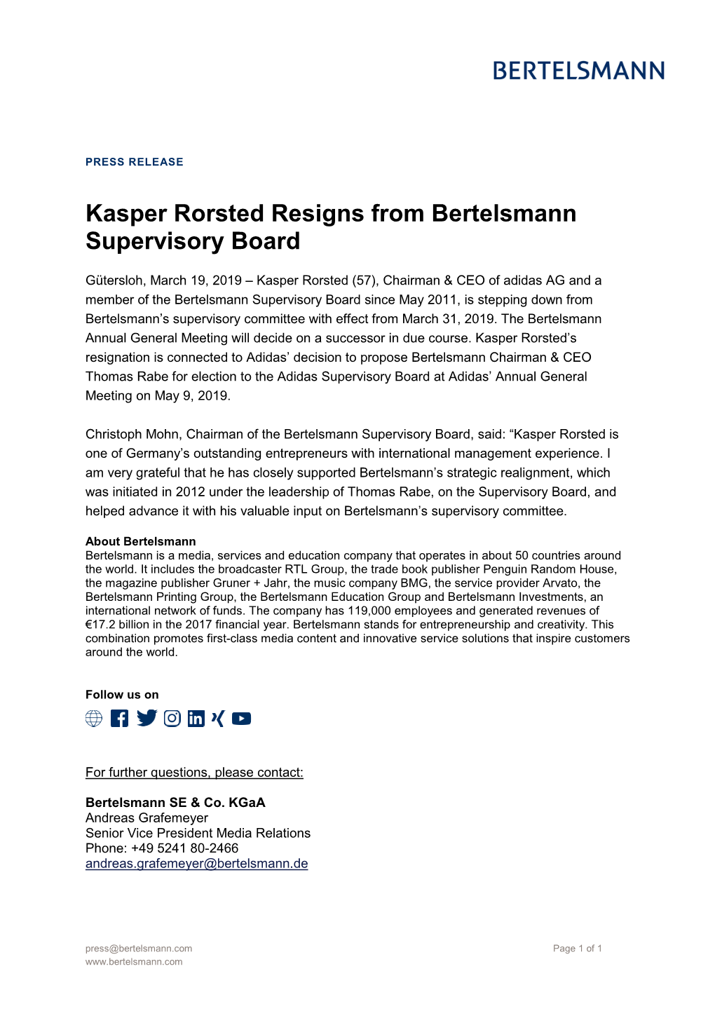 Kasper Rorsted Resigns from Bertelsmann Supervisory Board