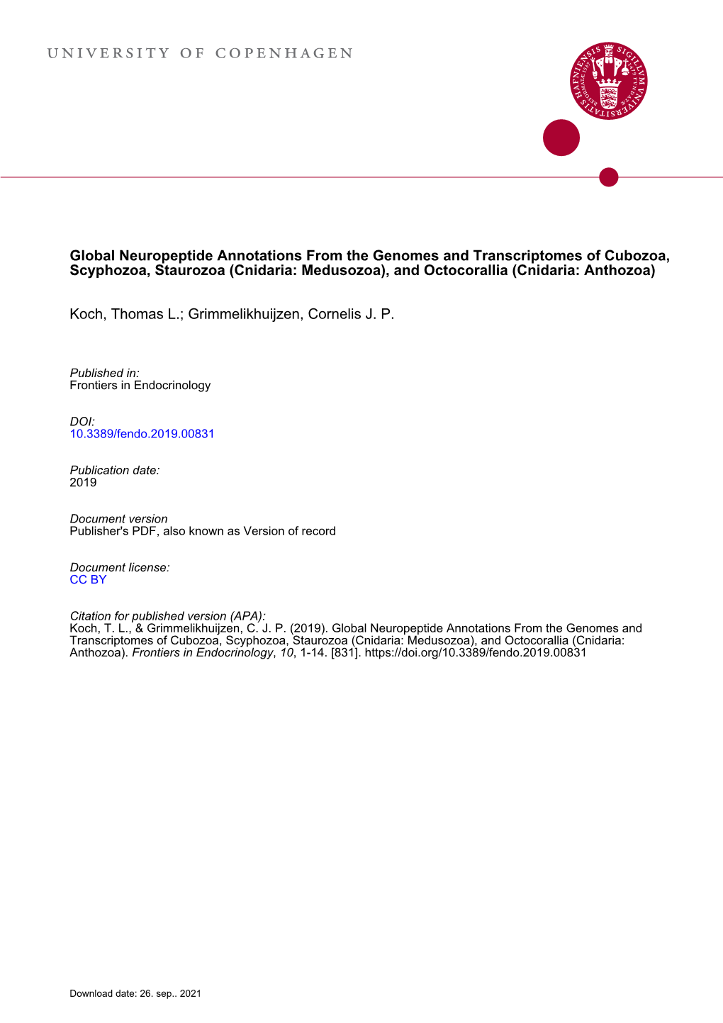 Global Neuropeptide Annotations from the Genomes and Transcriptomes of Cubozoa, Scyphozoa, Staurozoa (Cnidaria: Medusozoa), and Octocorallia (Cnidaria: Anthozoa)