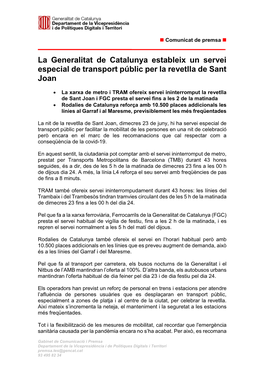 La Generalitat De Catalunya Estableix Un Servei Especial De Transport Públic Per La Revetlla De Sant Joan