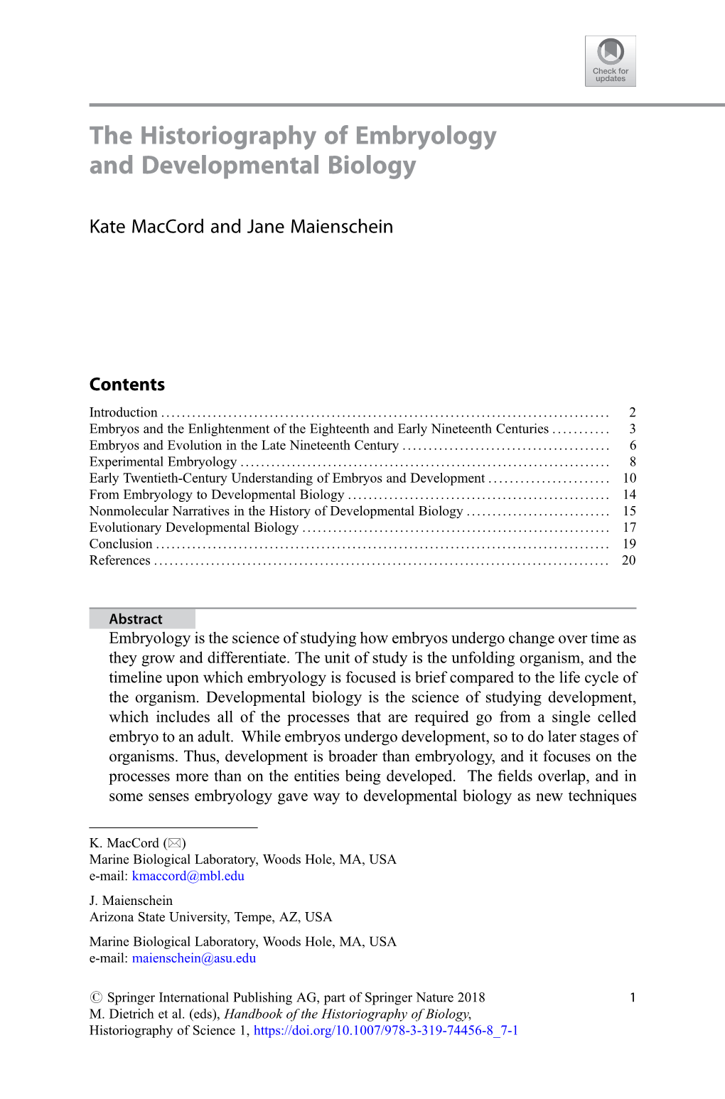 The Historiography of Embryology and Developmental Biology