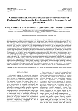 Characterization of Arthrospira Platensis Cultured in Wastewater of Clarias Catfish Farming Media: DNA Barcode, Helical Form, Growth, and Phycocyanin