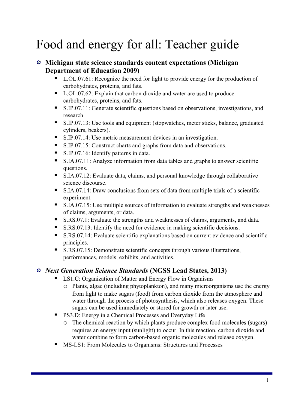 Food and Energy for All: Teacher Guide
