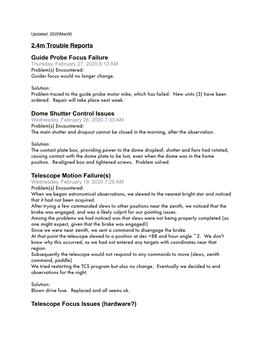 2.4M Trouble Reports Guide Probe Focus Failure Thursday, February 27, 2020 8:12 AM Problem(S) Encountered: Guider Focus Would No Longer Change