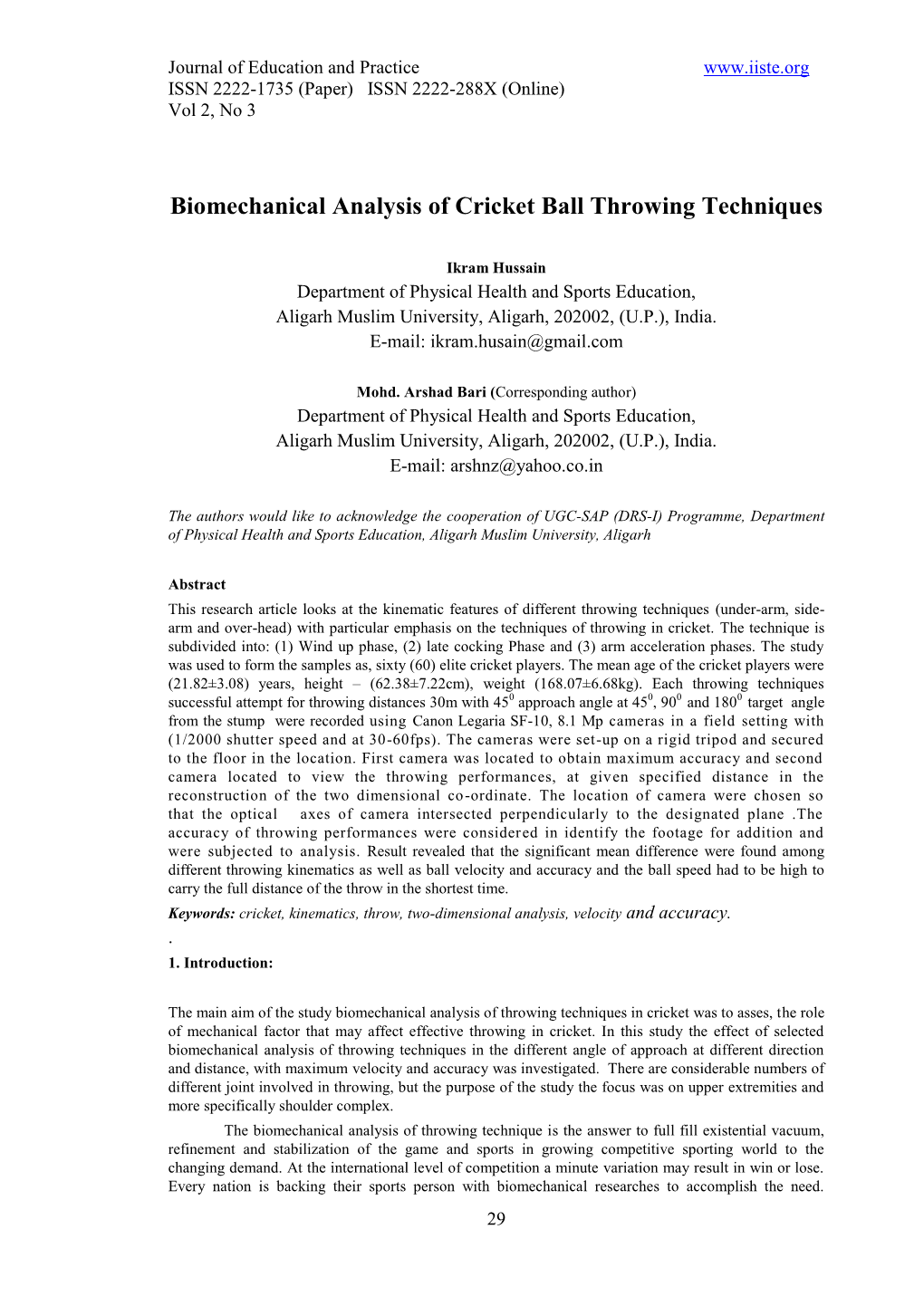 Biomechanical Analysis of Cricket Ball Throwing Techniques
