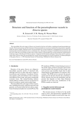 Structure and Function of the Parasitophorous Vacuole in Eimeria Species R[ Entzeroth \ F[R[ Mattig\ R[ Werner!Meier