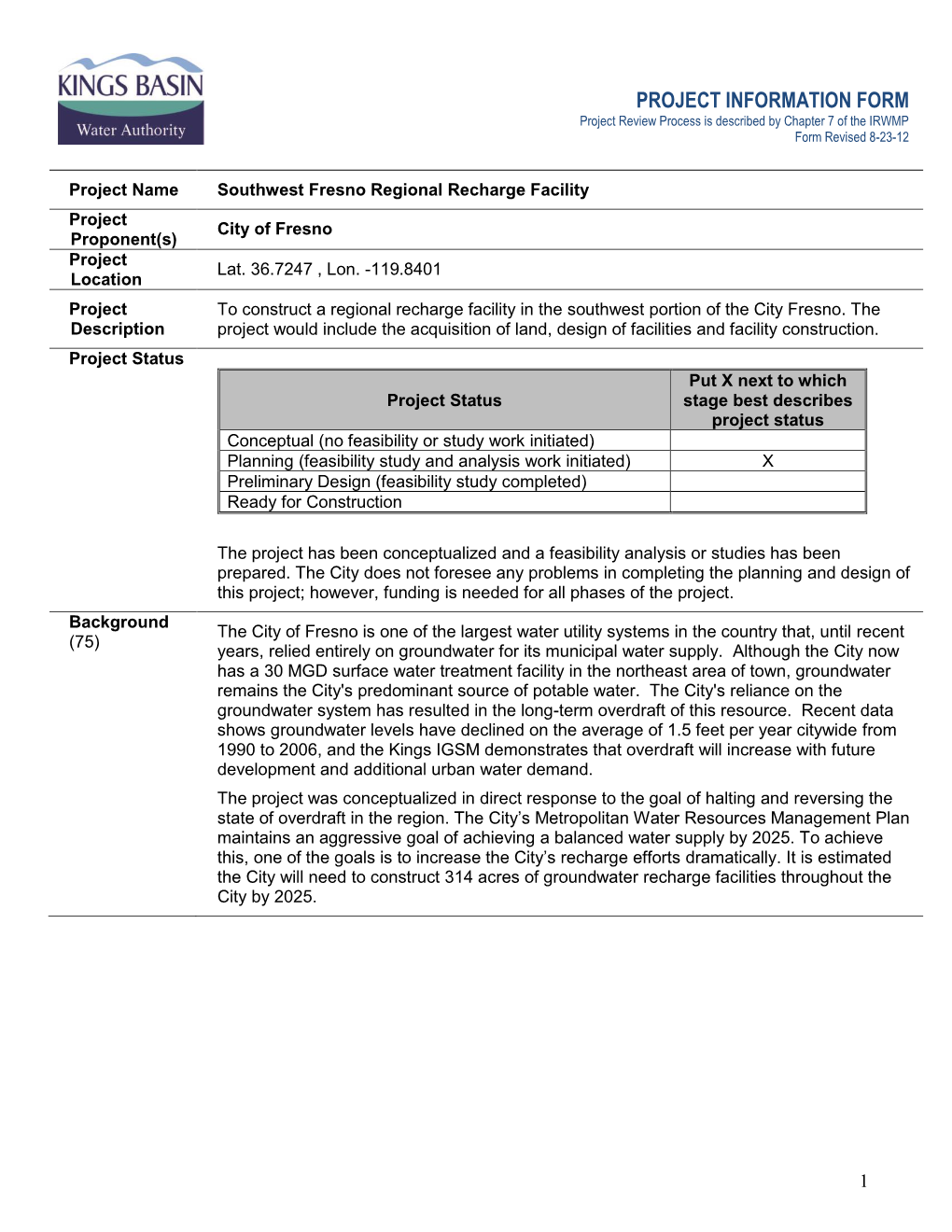 PROJECT INFORMATION FORM Project Review Process Is Described by Chapter 7 of the IRWMP Form Revised 8-23-12