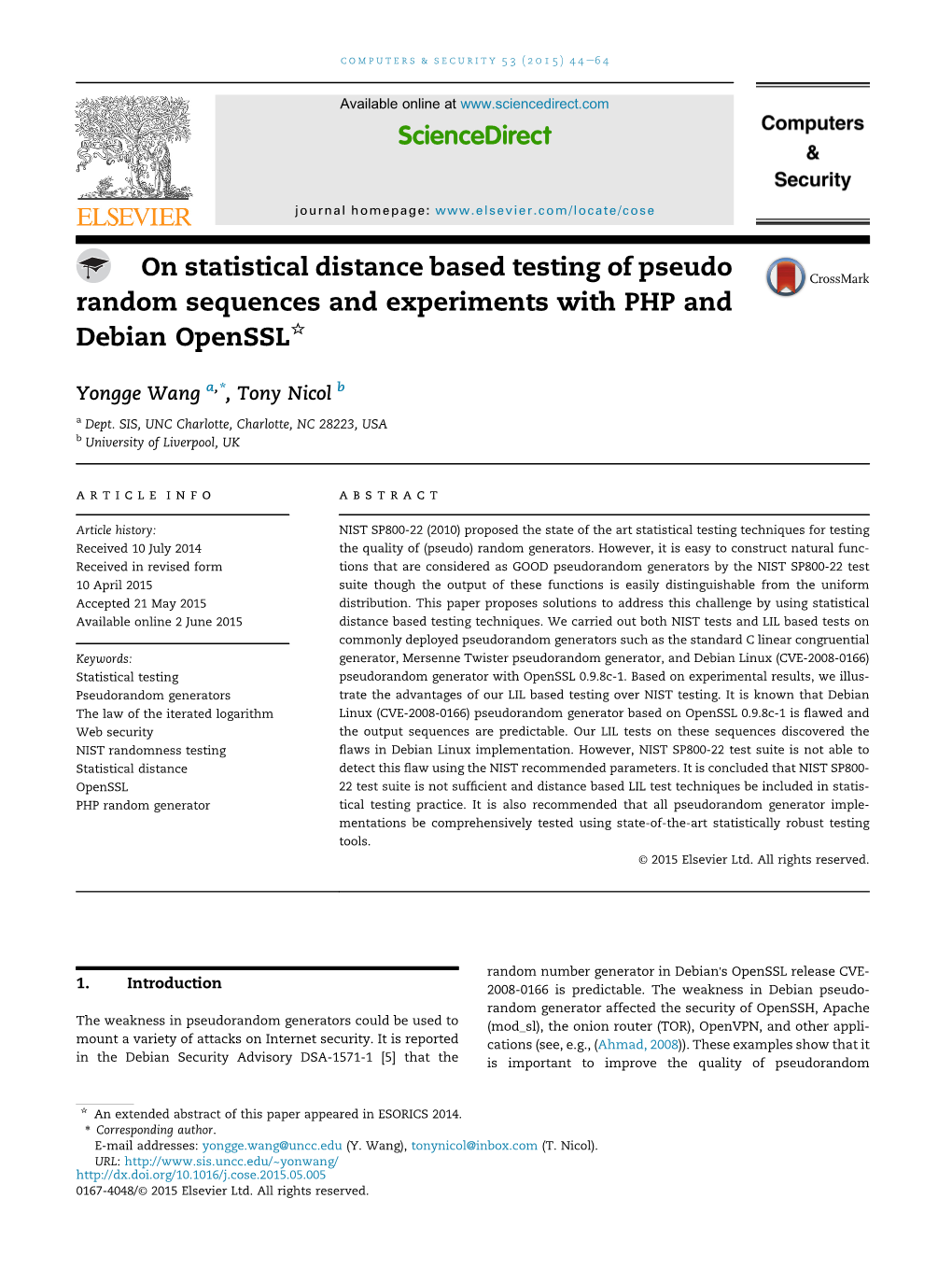 On Statistical Distance Based Testing of Pseudo Random Sequences and Experiments with PHP and * Debian Openssl