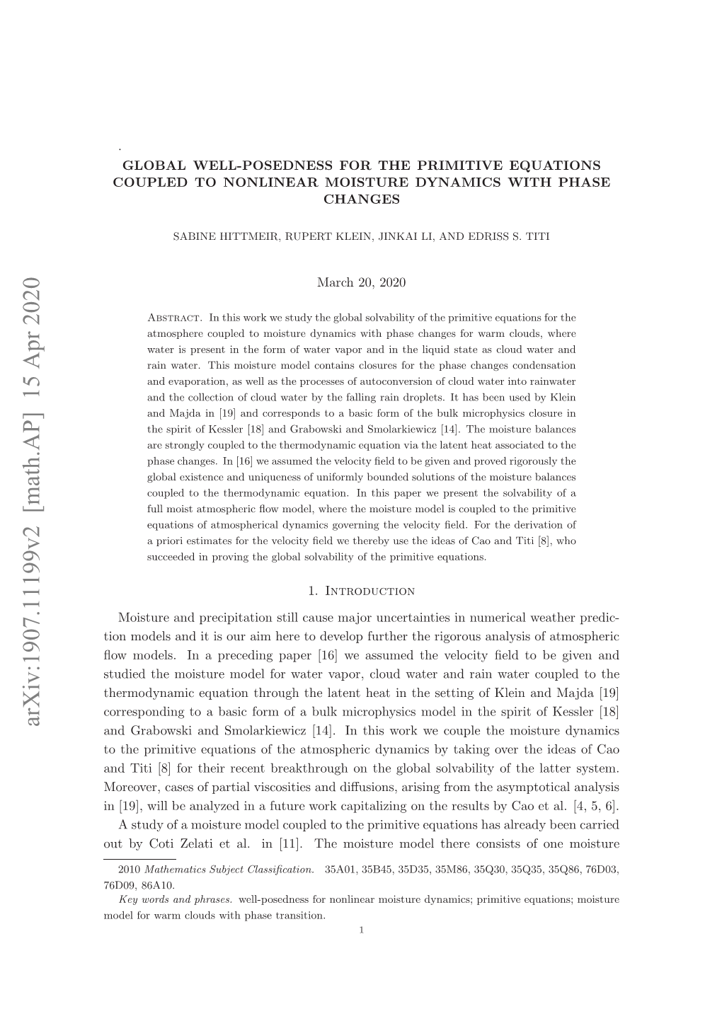 Arxiv:1907.11199V2 [Math.AP] 15 Apr 2020 U Yct Eaie L N[1.Temitr Oe Hr Con There Model Moisture the [11]